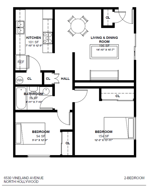 Floor plan for 2 beds, 1 bath, 710 sqft